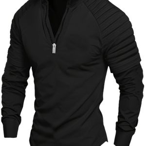 Heren Casual Lange Mouw Polo Shirt met Staande Kraag en Geplooide Mouwen, 100% Polyester Breiselstof, Lente/Herfst Top, Regular Fit, Kleur, Half met Rits - 220g/m²