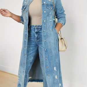OLYJEN Dames Lange Distressed Denim Jas - Afgesleten Zoom & Knie-lengte Gewassen Blauwe Jack met Echte Zakken, Lente/Herfst Buitenkleding voor Alledaagse Stijl, Herfst Laagje, Robuuste Textuur
