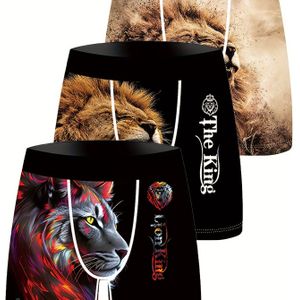 3-Pack Heren Ice Fiber Boxershorts - Gouden Leeuw Print, Ademende Stretchstof, Zwart Cartoon Ontwerp, Machinewasbaar voor Dagelijks Gebruik, Druk Grafisch Ondergoed, Comfortabele Pasvorm