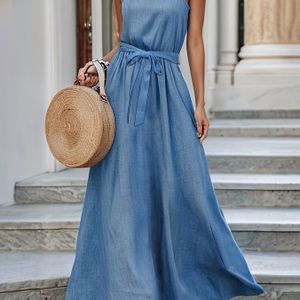 Elegante blauwe mouwloze maxi jurk met knoopdetail - lichtgewicht zomervakantiejurk voor dames, perfect voor strand, winkelen en casual uitstapjes, strandjurk