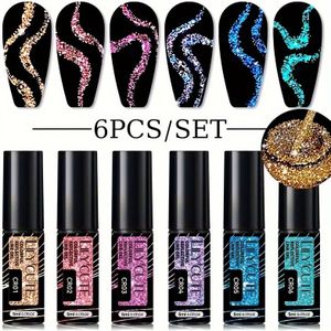 LILYCUTE 5ml 6 stuks/set Superflash Reflecterende Kleurrijke Liner Nagelgel Lak Ultrafijne Penseelkop Treklijn Nagelart LED Gel Vernis