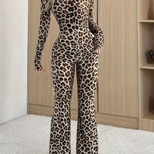 Vrouwen Elegante Luipaard Print Jumpsuit, Vierkante Hals Lange Mouw Gebreide Stof Unitard, Polyester 95% Elastaan 5%, Slim Fit Palazzo Voor Lente/Herfst, Casual Weekend Kleding