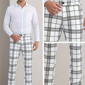 Casual Broek voor Heren - Wit met Zwart Ruitpatroon, Stretchy Stof, Voorkies, Regular Fit, Casual Kleding|Ruitpatroon Broek|Slecht Stretch Stof