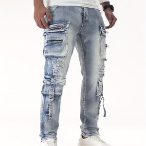 Herenslim-fit Distressed Streetwear Jeans met Meerdere Zakken - Lichtblauw Wash, Stretch Denim, Casual Stijl, Witte Sneakers Inbegrepen, Winter Streetwear Jeans|Distressed Streetwear| Wash Jeans