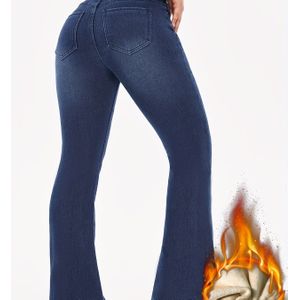Vrouwen Fleece-Gevoerde Hoge Taille Uitlopende Jeans - Warm, Comfortabel, Afslankende Zwarte Denim Bell Bottoms met Zakken, Stretchstof, Machinewasbaar