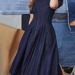 Elegante denim midi jurk voor dames met vierkante hals, korte mouwen en uitlopende zoom - Perfect voor lente, zomer en herfst, casual kleding|Vierkante halslijn|Jurk met korte mouwen