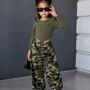 Meisjes 2-delige Camo Print Top met Lange Mouwen & Broek Set - Zachte, Rekbare Stof, Geribbelde Textuur, Regular Fit, Rechte Pijp, Lange Lengte, Casual Stijl, Herfst/Winter Collectie, voor Buiten