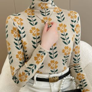 Elegante hoge hals trui voor dames - Bloemenpatroon, lange mouwen, beige en oranje ontwerp, herfst/winter mode, machinewasbaar, schattige truien