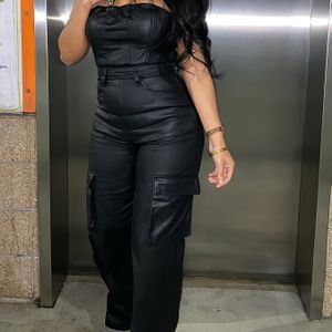 Vrouwen Jumpsuit - Strapless Mouwloze Romper Bodysuit met Wijde Pijpen, Strak Passend Eendelig Outfit voor Feesten, Clubkleding, Fotoshoots & Jaarrond (Niet van PU Materiaal)