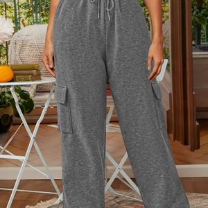 1pc Elegante kleur polyester breigaren rechte broek met zijzakken, lichte stretch voor alle seizoenen casual lange broek voor vrouwen