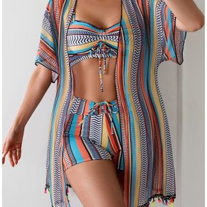 25SS Zomertrend, Dames Gestreepte Bikini Zwemkleding - 3-delige Coverup Set