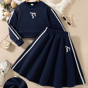 Meisjes Casual Dagelijkse Uitgaansmode Print Strikpatroon Ronde Hals Drop Schouder Lange Mouw Sweatshirt en Midi Rok Tweedelige Set, Gevoerde Oversized Sweatshirt voor Herfst en Winter