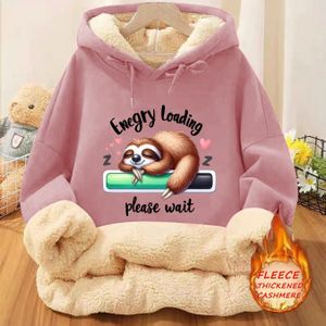 Women's Cozy Fleece-lined Sloth Graphic Hoodie - , Casual Long Sleeve Pullover With "hungry " Print, Drawstring Hood, Machine Washable - Fall/winter, Oversized Hoodie