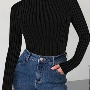Langarm Turtleneck Gebreid Top Met Geborstelde Geribde Tekstuur Voor Herfst En Winter.