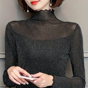 Plus Size - Plus Size Kanttop met een Semi-Hoge Kraag en Mesh Stof, Met Gouden en Zilveren Draden, Nieuwe Herfst Lange Mouwen Koreaanse Stijl Dameskleding