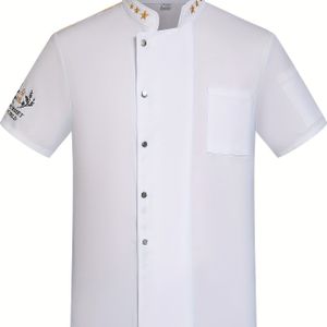 Professionele Chefjas voor Heren - Zwart, Ademend Polyester met , Enkelrijig, Opstaande Kraag met Sternagels, Korte Mouwen Uniform voor Koken & in Restaurants