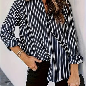 Vrouwelijke Casual Lange Mouw Gestreepte Knopen-Op Shirt met Borstzak - Niet-Rekbaar , Ruime Pasvorm voor Lente/Zomer/Herfst, Casual Wear|Ruime Pasvorm|Gestreept , Dames Shirts en Tops