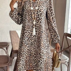 Vrouwen's Luipaardprint Casual Jurk met Opstaande Kraag - Lange Mouwen, A-Lijn Silhouet, Lichtgewicht Polyester, Perfect voor Lente/Herfst, Luipaardprint Jurk
