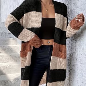 Vrouwen Elegante Kleurblok Cardigan - Zachte Open Voorkant Lange Mouw Sweater met Zakken, Ontspannen Pasvorm voor Herfst Winter, Casual & Formele Outfits