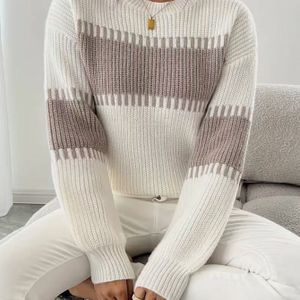 Dames Elegante Beige//Wit/Zwart/Grijs Horizontaal Gestreepte Oversized Trui - Zachte Ronde Hals Lange Mouw Wintertrui voor Thuis, Kantoor & Casual , Gezellige Herfst- en Winterslaag