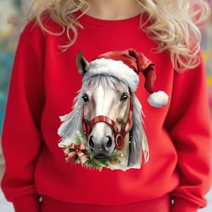 Roze 3D Paard & Kerstman Print Trui - Winter Warme Losse Pasvorm Trui met Jockey & Hulst Design, Wasmachinebestendig Kerstfeest Outfit, Casual Ronde Hals Pullover (Geen Droger)