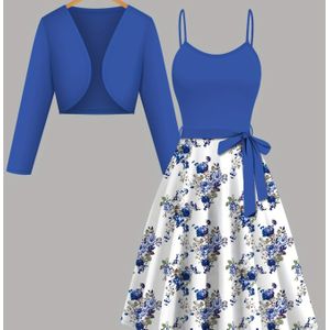 Vrouwen Elegante Set: Kleur Cardigan met Lange Mouwen en Jurk met Bloemenprint en Bretels Tweedelige Set