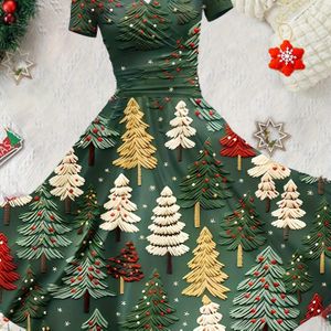 Elegante Kerstboom Print Jurk voor Vrouwen - V-Hals, Polyester en Spandex Mengsel, Gebreid , A-Lijn Silhouette, Seizoensgebonden - Comfortabele en Stijlvolle Feestkleding