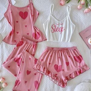 4-delige set met schattige hartenprint voor dames, bestaande uit een camisole en shorts, met lange broek, pyjama en thuiswonen