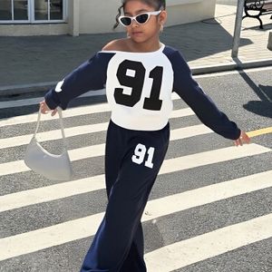 Tweedelige Mode Set met Letterprint en Bootkraag Lange Mouwen Top + Kleur Letter Willekeurige Print Losse Broek Enkel-Lengte Herfst Casual Broeken Set, voor Buiten