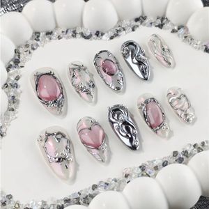 Tien-delige Roze Kattenoog Handgemaakte Nagelset, Luxe Vintage Medium Amandelformaat Plaknagels, Herbruikbare Kunstmatige Tips voor Dames en Feestjes & Alledaags Gebruik