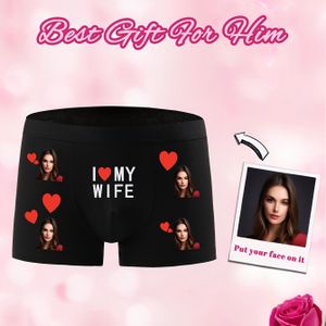 1pc Customized Men's Love Wife Print Boxer Briefs, Personalized Photo Underwear, Stretch Polyester With Spandex, Casual Knit Fabric, Lightweight 145g/m², Ideal Gift For Him