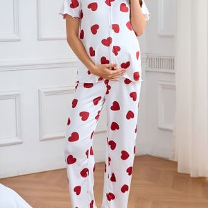 Zwangerschaps Pyjama Set met Liefdesprint, Contrasterende Kant en Korte Mouwen Lange Broek - Comfortabel
