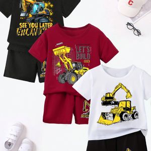 3 Sets van Shorts en T-shirt Sets voor Jongens, Zomerse Mode Shorts en Korte Mouwen Sets, Multi-Packs, Graafmachine Serie Print, Kinderen Schattige Korte Mouwen T-shirt en Shorts Casual Sets