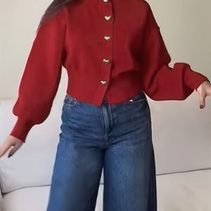 Winter Elegant Feest Date Herfst Winter Ronde Hals Hartknopen Lange Mouwen Rode Cardigan
