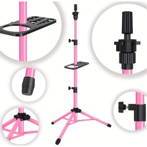 Verstelbare roze metalen pruikstandaard met driehoekige basis en 50" bak - Duurzame mannequin hoofdstand voor haaropleiding, inclusief veelzijdige stylingtools, pruikaccessoires