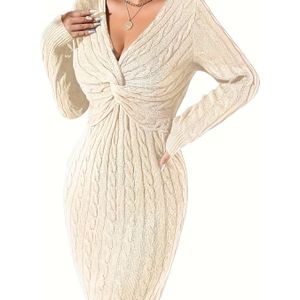 Plus Size Kabelgebreide Bodycon Trui Jurk, Elegante Lange Mouw Twist Voorkant V-hals Boven Knie Jurk Voor Herfst & Winter, Vrouwen Plus Size Kleding