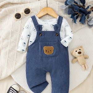Modieuze Baby Volledig Bedrukte Beer Top + Corduroy Warme Trekkoord Broek Stempel Beer Tweedelige Set, Perfect voor Buiten