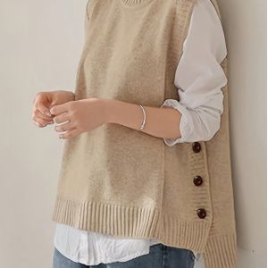 Casual Damesvest met Zijknopen Detail en Ronde Hals - Medium Stretch, Elegante Mouwloze Top in Kleur voor Veelzijdige Outfits, Laagseizoenen Layering Stuk, Medium Stretch Stof