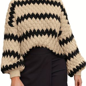 Plus Size Elegante Trui met Strepen voor Vrouwen - 100% Polyester Breiselstof, Hoge Hals, Lichte Stretch, Casual tot Gesofisticeerde Stijl, Dikke Warme Breisel voor Lente/Herfst