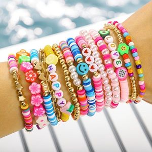 14pcs Bohemian Style Colorful Polymer Clay Bracelet Set , Flowers, Stars - Random Color Arrangement, & Parties, Party Bracelet Set|vibrant Accessory|polymer Clay Bracelets
