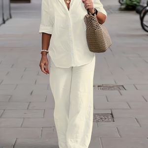 Elegante Tweedelige Damesoutfit: Overhemd met Knopen & Casual Broek Set - Ademend Polyester, Machinewasbaar