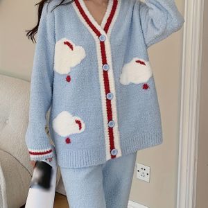 Elegante Dames Home Set | V-hals Lange Mouw Button-Up Gewaad met Dierenpatroon, Herfst/Winter Lange Sets, Zonder Riem