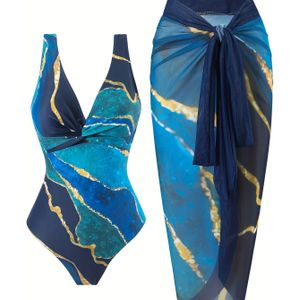 Elegante 2-delige badpakken met marmerprint, V-hals, stretch badpak uit één stuk en bedekkende sarongrok, zwemkleding en kleding voor dames