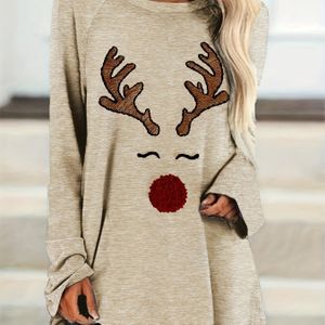 Plusmaat polyester crew neck T-shirt - Medium stretchstof met geborduurde rendierkop - Casual A-lijn T-shirt voor alle seizoenen - Kerstvakantie ontwerp tops