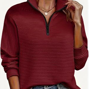 1pc Elegante Plus Size Trui met Revers Kraag en Rits Detail, Getextureerd Breisel, Casual Lange Mouw Losse Top voor Lente/Herfst
