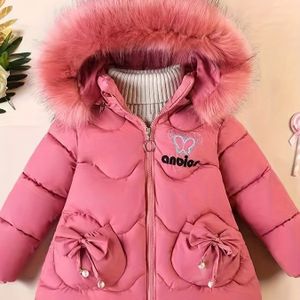 Meisjes' Lange Rode Jas met Strik en Geborduurd Ontwerp, Koreaanse Stijl, Geschikt voor Kinderen, Dikke Winterjas voor Meisjes, Perfect voor de Kouder Maanden