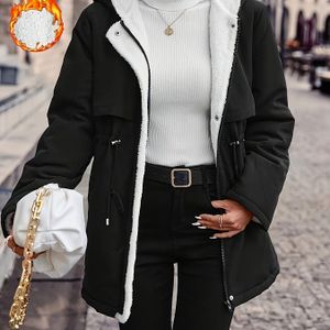 Gezellige Dames Wintervest met Capuchon en Rits, Gevoerd met Fleece & Taille met Trekkoord - Warme, Dikke Casual Bovenkleding in Zwart, Perfect voor Koude Weer, Winterjas