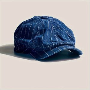 Vintage Gewassen Denim Gestreepte Baret - Lichtgewicht, Niet-Rekbaar, Constructie, Retro Stijl voor Mannen en Vrouwen, Casual Hoofddeksel|Vintage Baret| Constructie