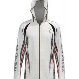 Heren Quick-Dry Ademend Vissen Jersey, Met Capuchon, Lange Mouwen, Ritssluiting, Wit Met Rode En Zwarte Grafieken, Perfect Voor Zeevissen En Buitenactiviteiten