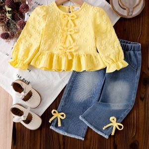 Meisjes 2-delige set: Strikversierde lange mouwen top en rechte pijpen spijkerbroek voor lente/herfst, ideaal voor buiten